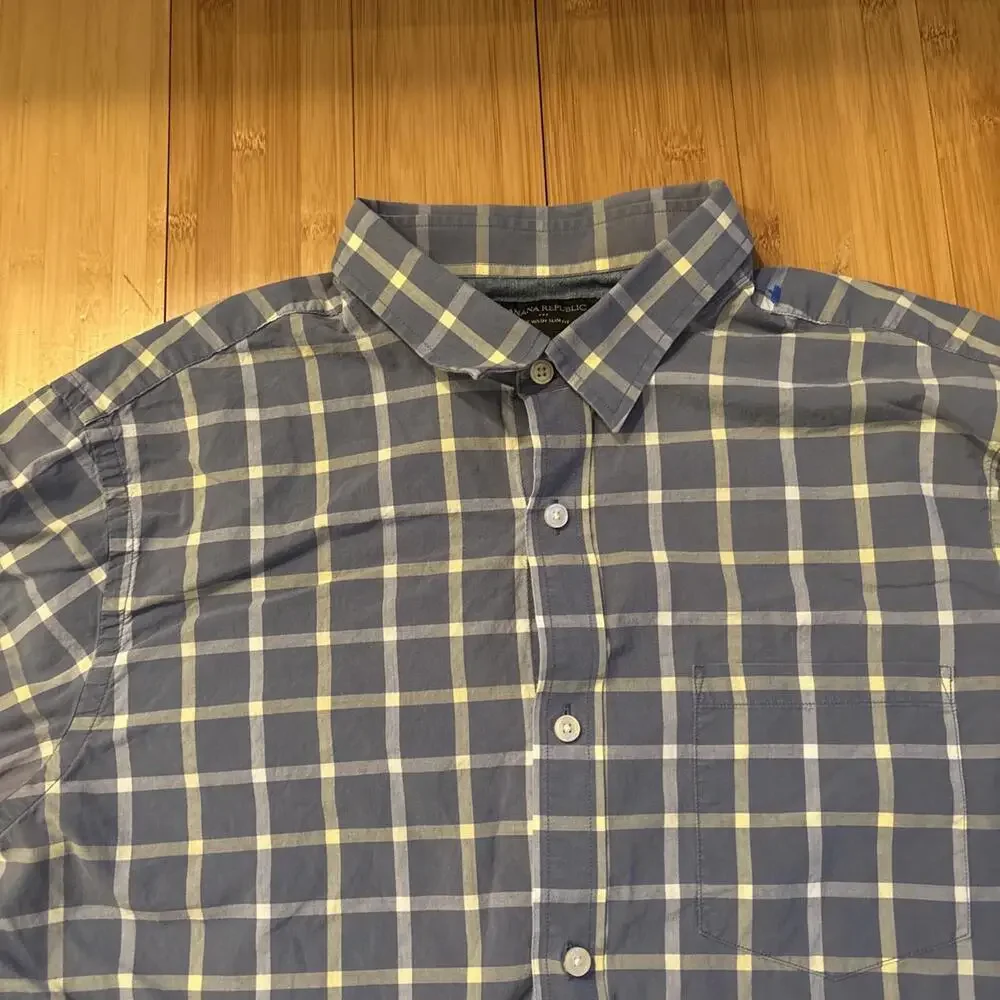 Banana Republic Mens Button Shirt Large Blue Check Slim Fit Soft Wash Casual